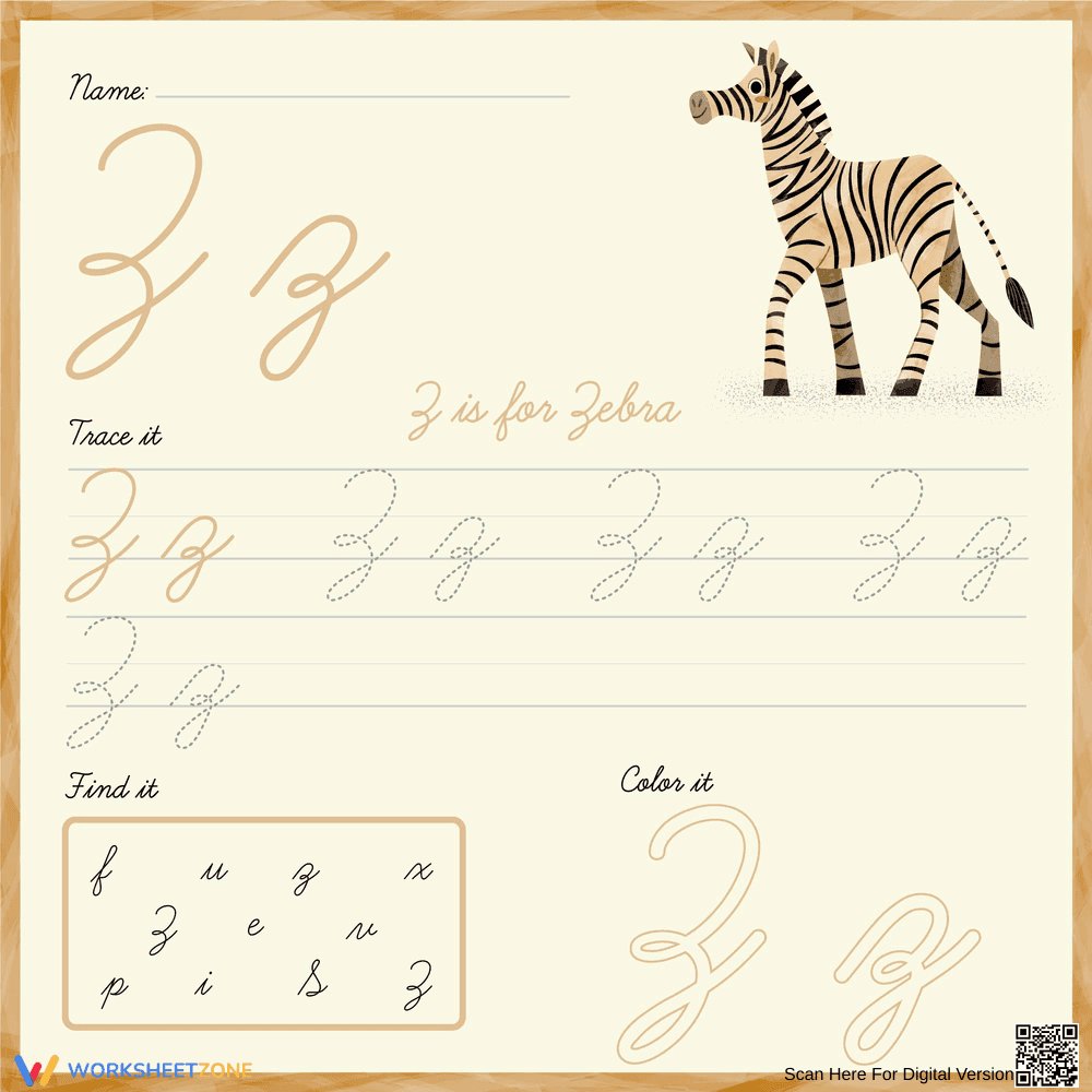 Trace Cursive Letter Z Worksheet - Page 1
