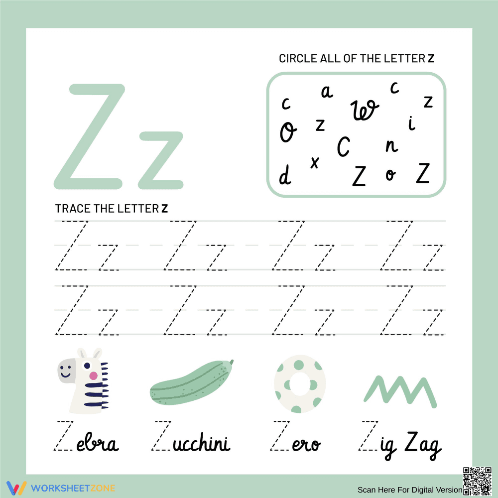 Cursive Letter Z: Circle and Trace Worksheet - Page 1