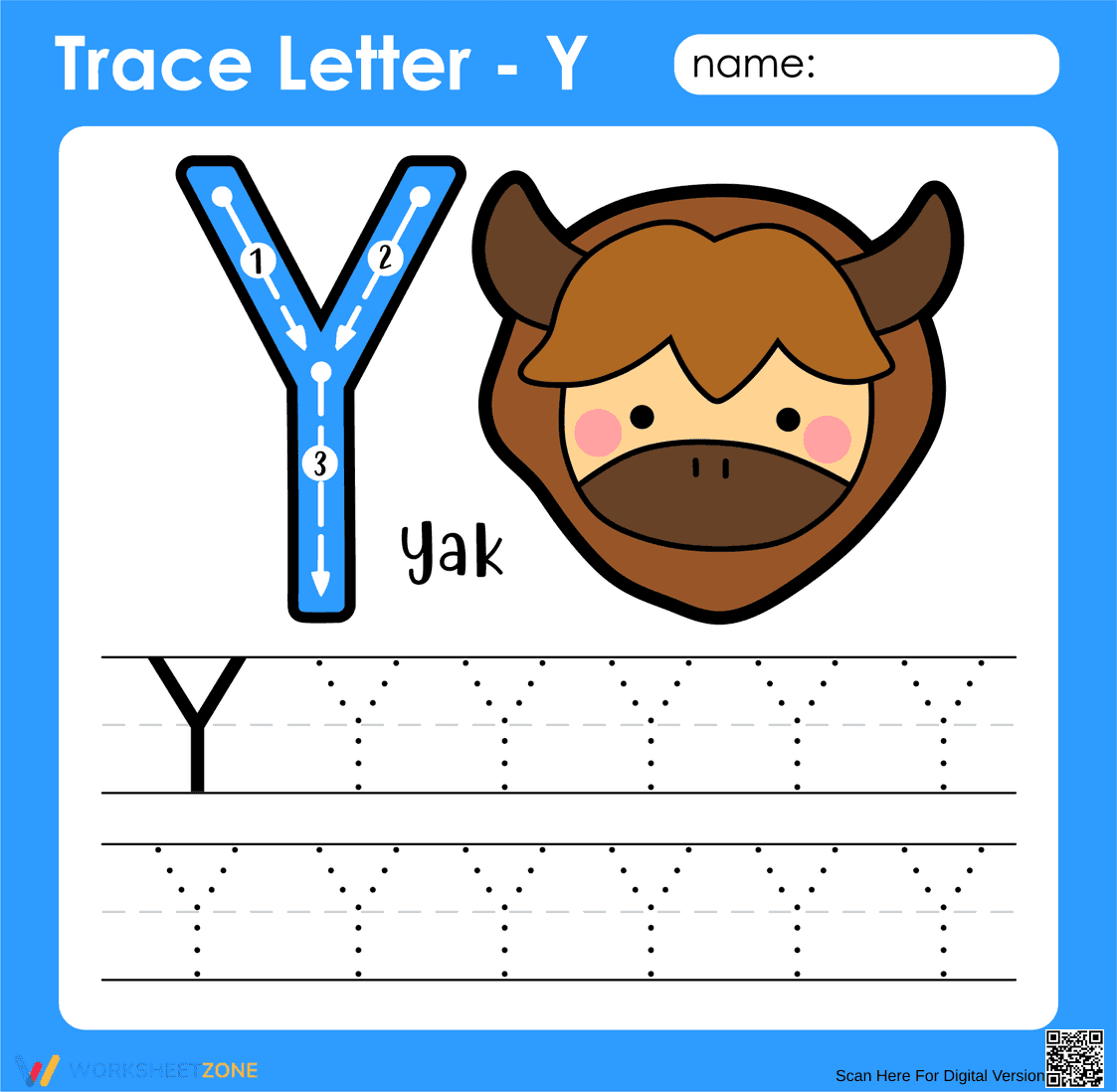 Trace Letter Y: Handwriting Practice Worksheet - Page 1