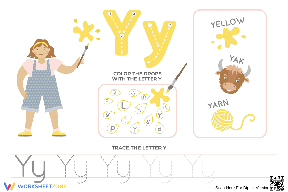Color and Trace: Letter Y Activity Worksheet - Page 1