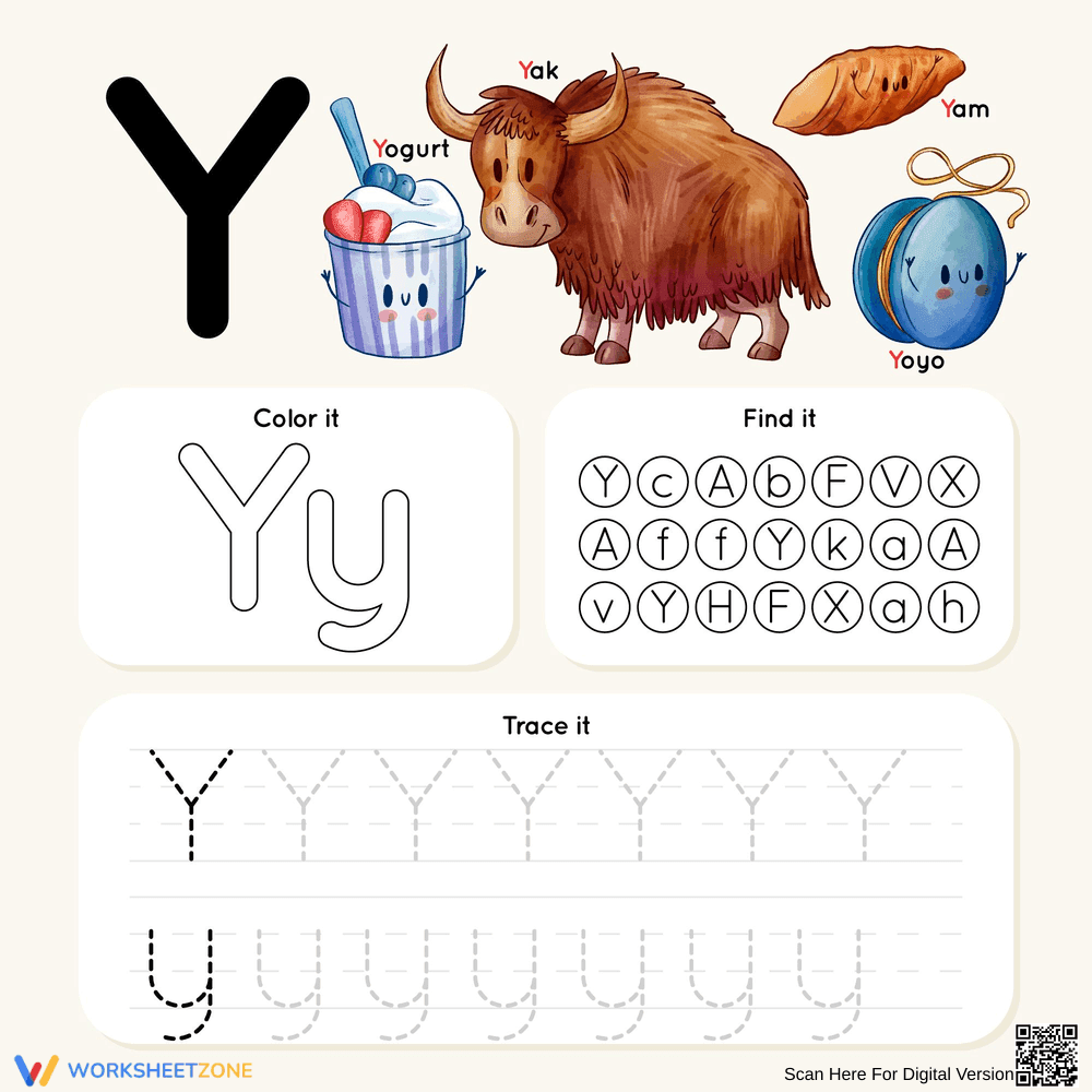 Find and Trace Letter Y: Alphabet Activity Worksheet - Page 1