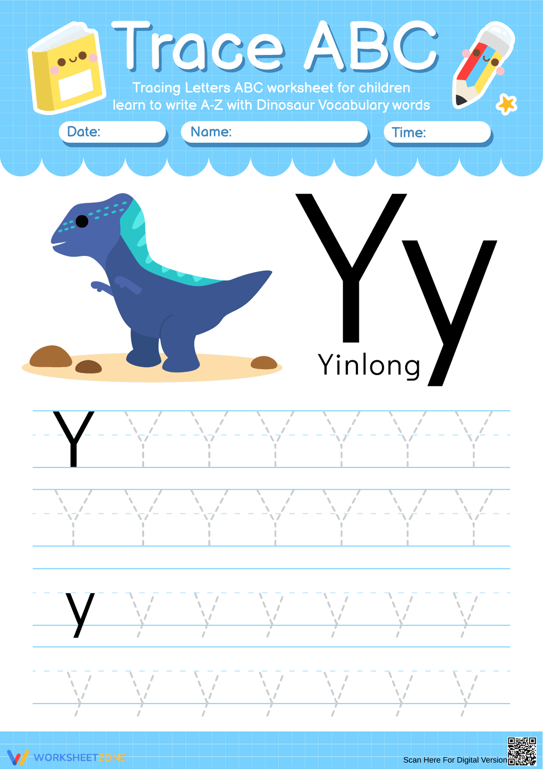 Trace Letter Y with Dinosaur Worksheet - Page 1