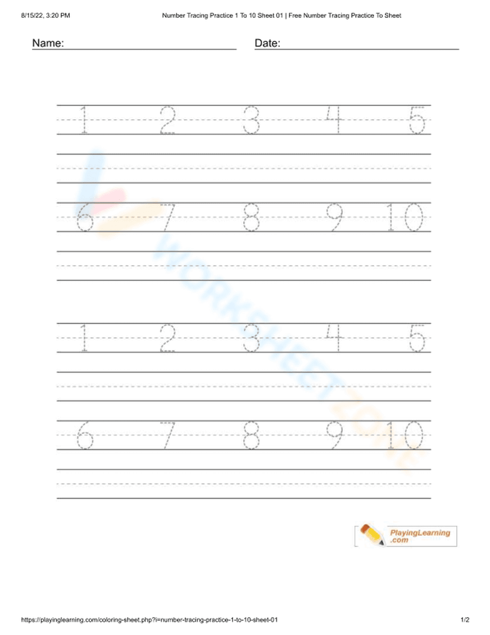 Practice Number Tracing 1-10 Worksheet - Page 1