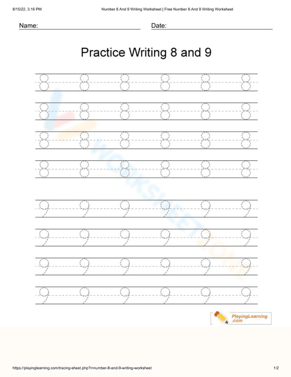 Practice Number Tracing 8 and 9 Worksheet - Page 1