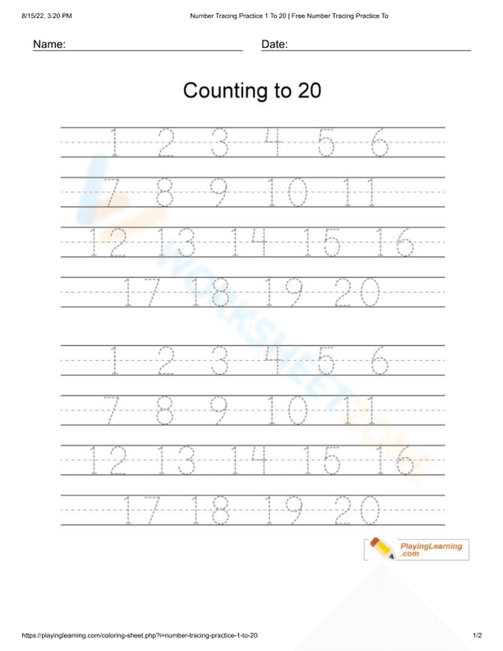 Practice Number Tracing 1 to 20 Worksheet - Page 1