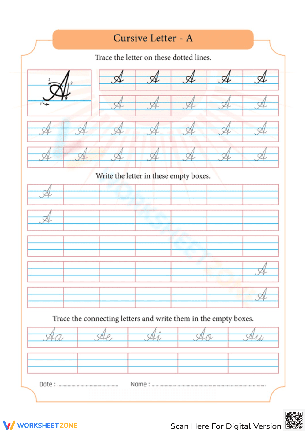 Printable Cursive Letter A Worksheet | Grade 3 - Page 1