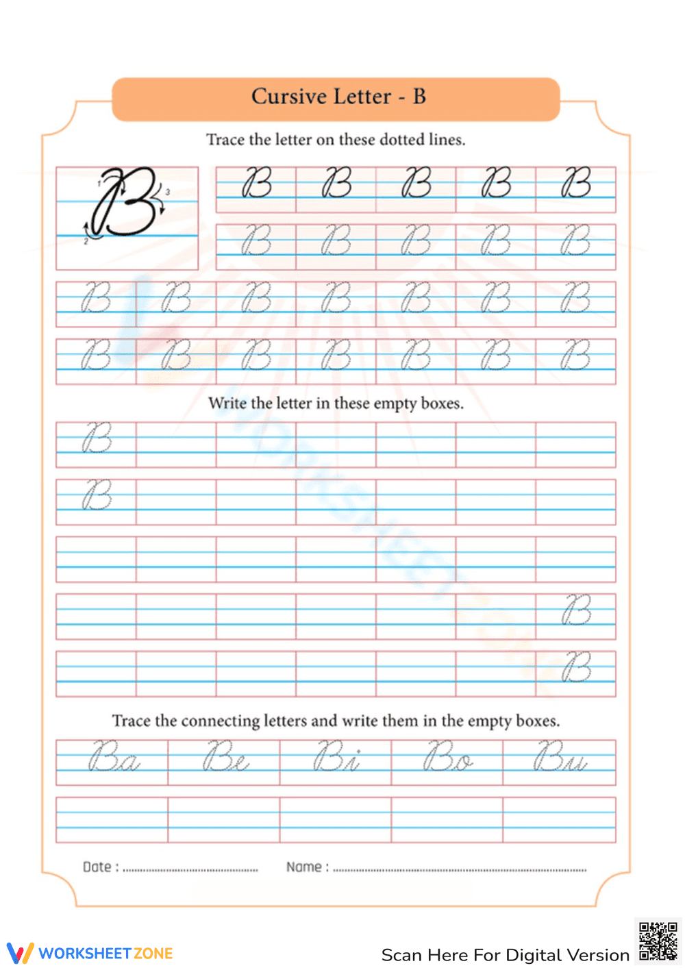 Cursive Writing Worksheet: Letter B Practice - Page 1
