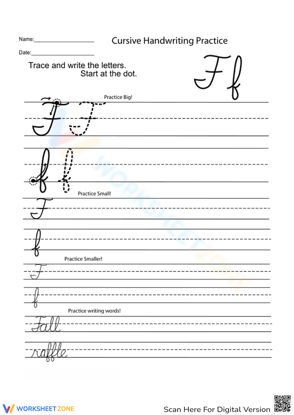 Printable Cursive Letter F Worksheet | Grade 3 Ready - Page 1