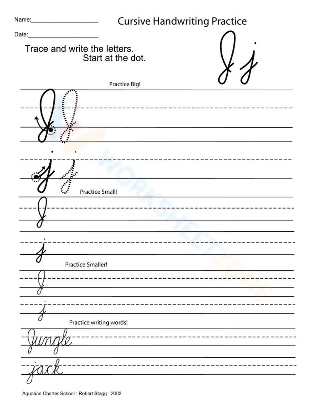 Cursive Capital Letter J Practice - Page 1