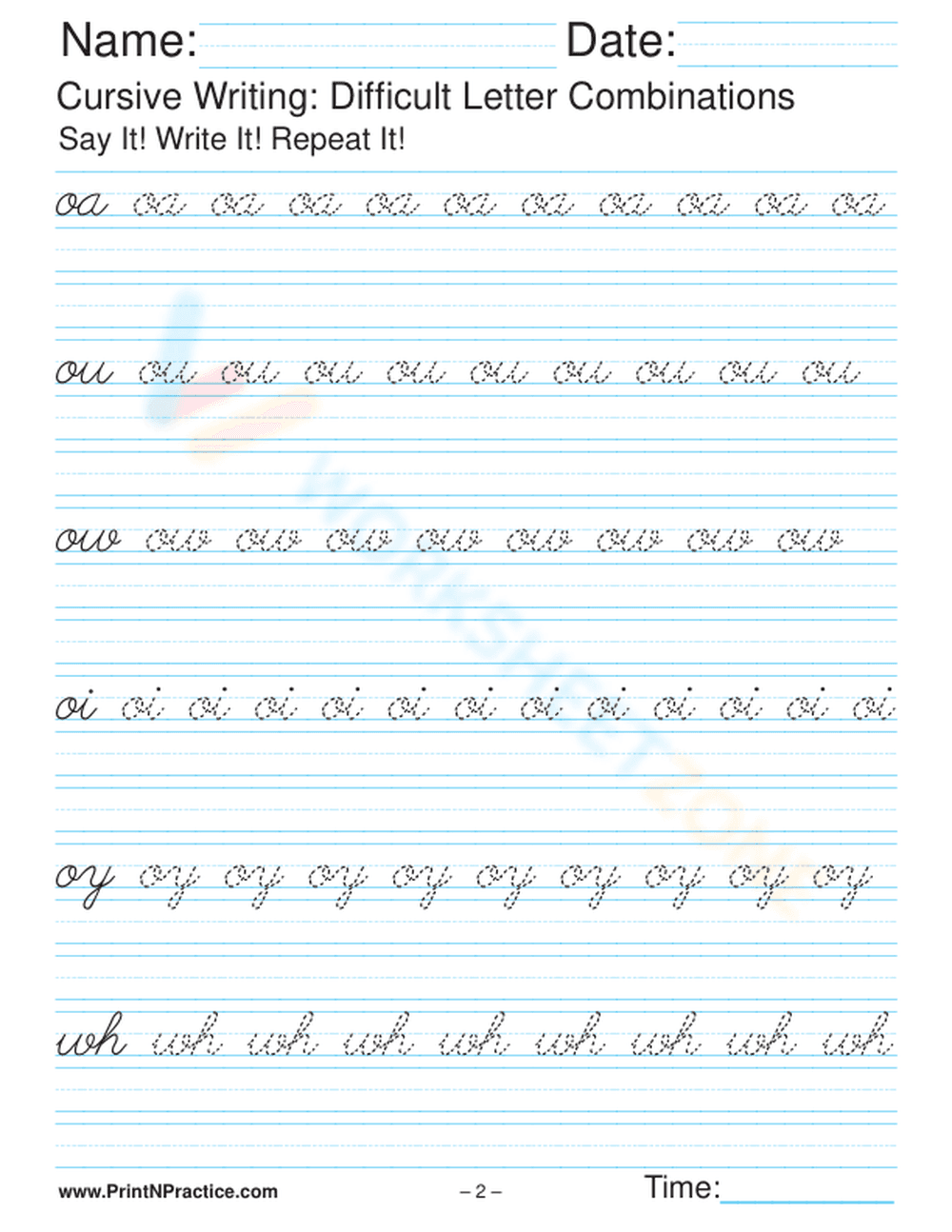 Worksheet for Difficult Cursive Combinations - Page 1