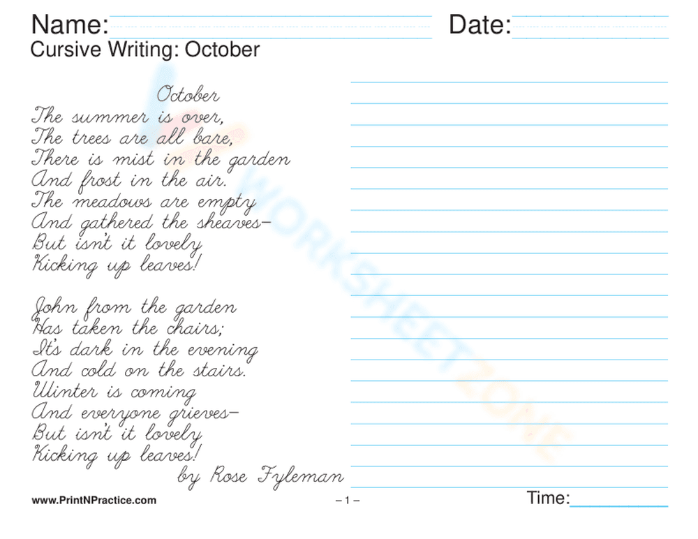 Practice Fancy Cursive Handwriting: October - Page 1