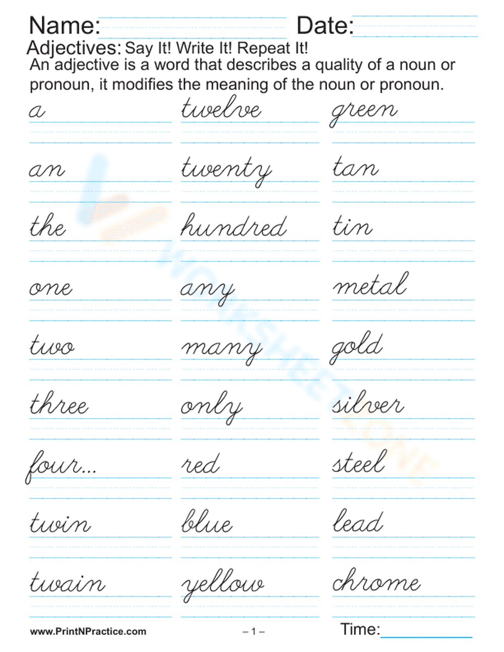 Adjective Practice: Short Common Adjective Words - Page 1