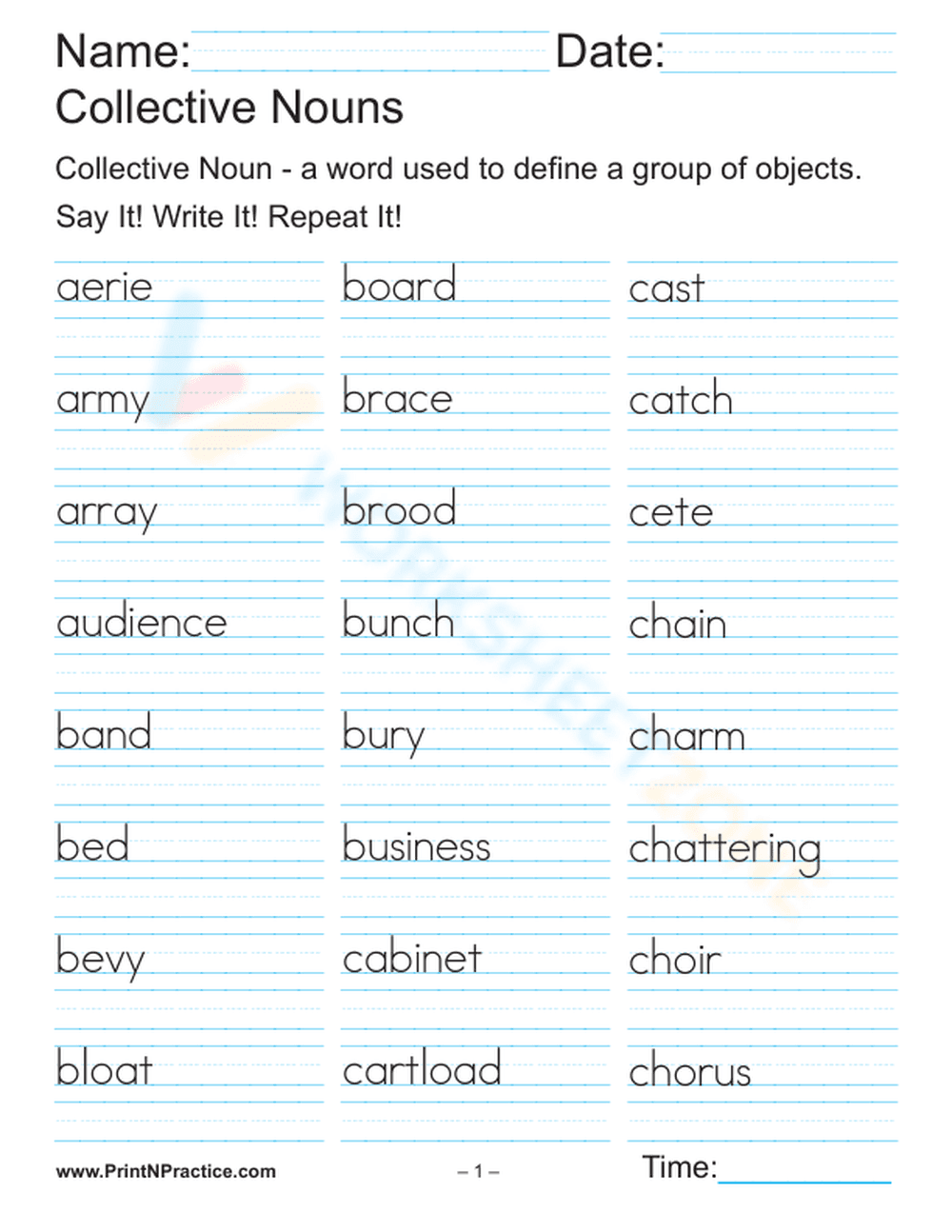 Collective Nouns Handwriting Worksheet | Grade 2 Essential - Page 1