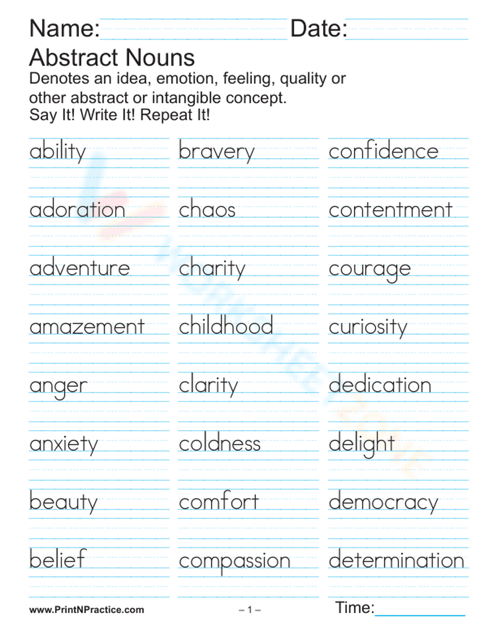 Abstract Nouns Handwriting Worksheet | Grade 3 Printable - Page 1