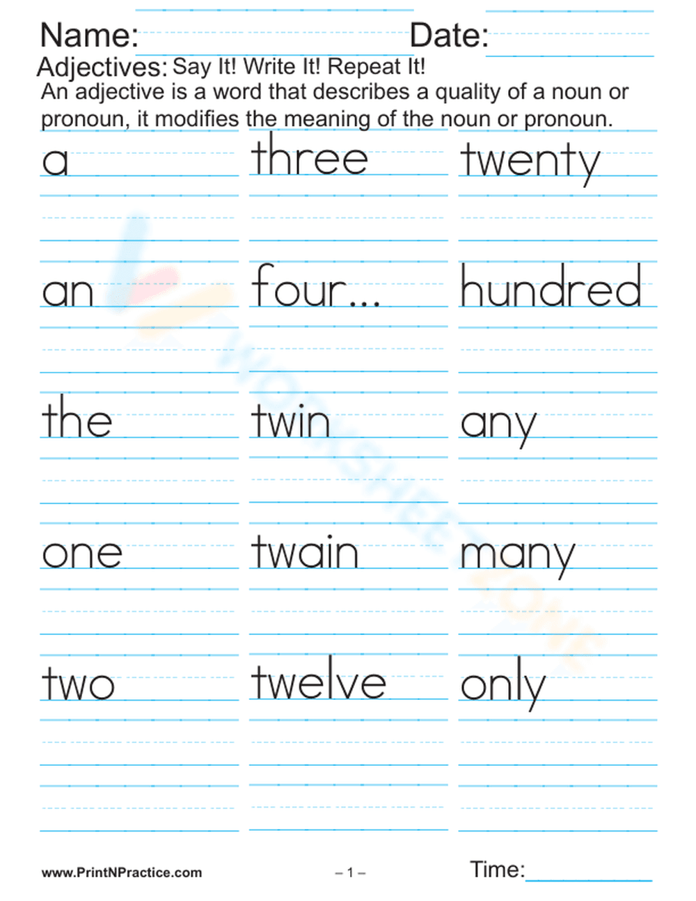 Grade 1 Handwriting — Printable No-Prep Worksheet - Page 1