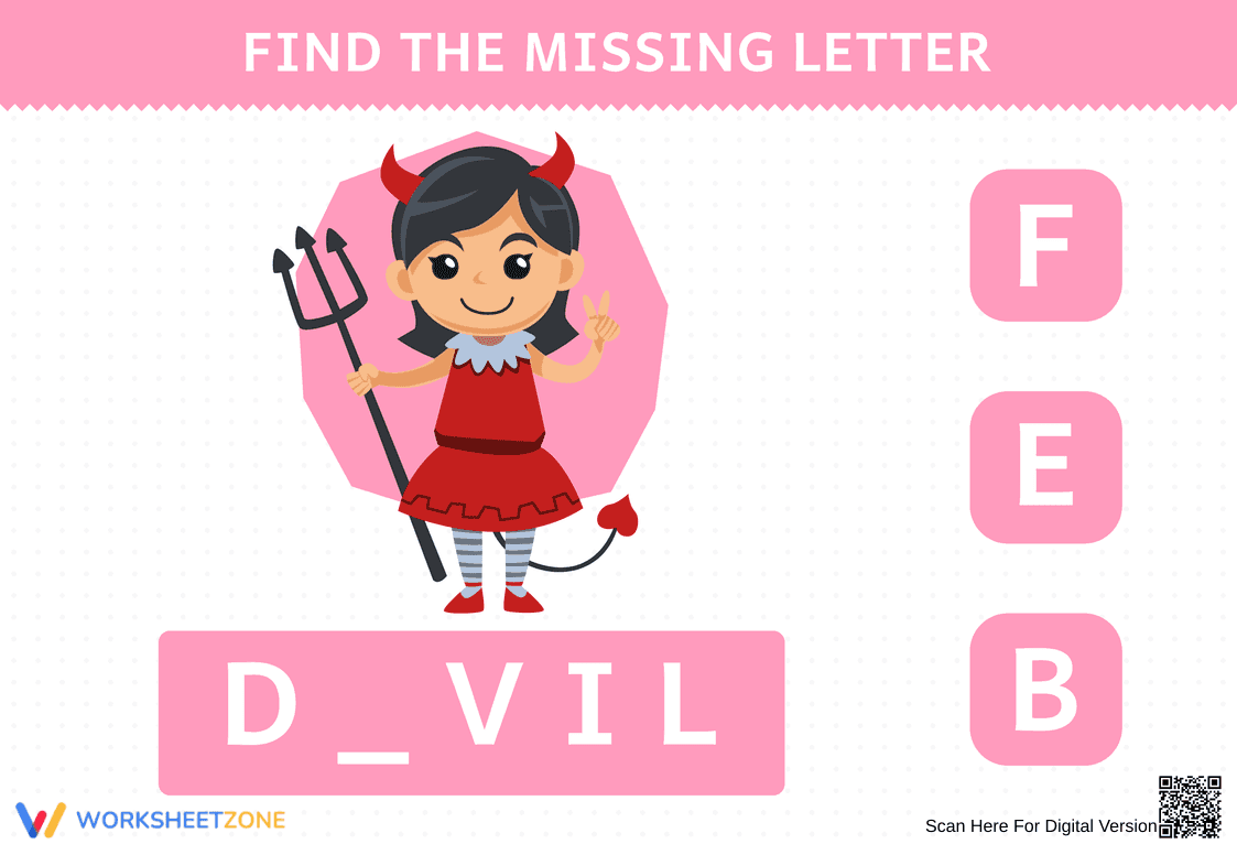 Devil Missing Letter Worksheet – Fun Spooky Word Puzzle - Page 1