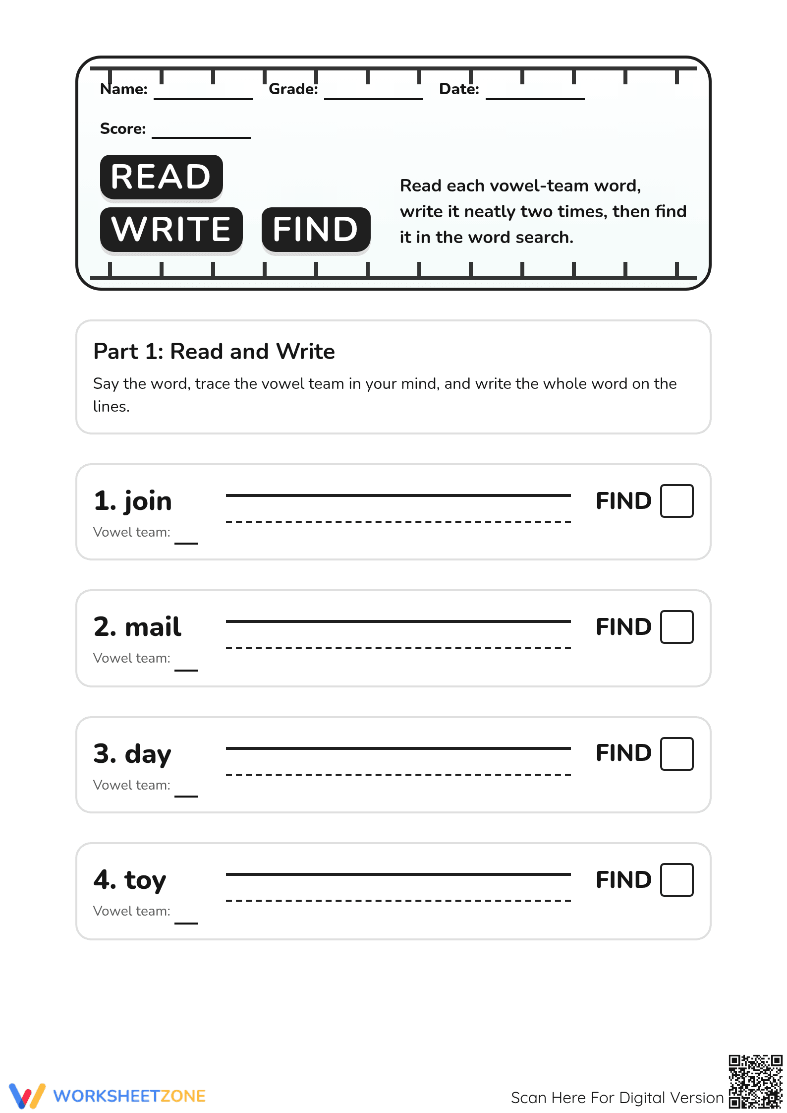 Vowel Team Word Recognition | Essential Grade 3 Phonics - Page 1