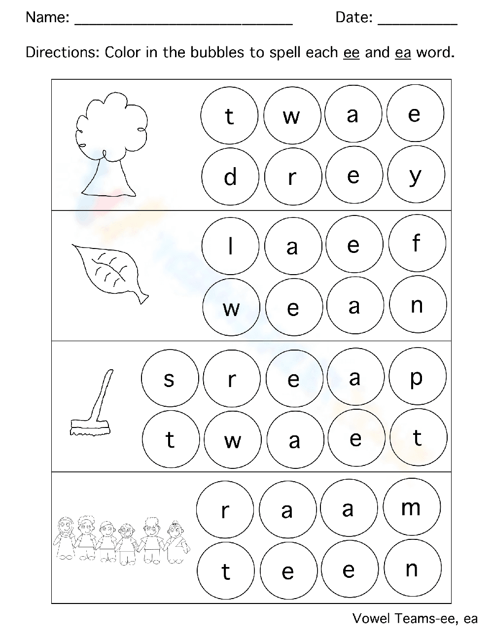 Vowel Teams Activity: Color and Spell EE and EA Words - Page 1