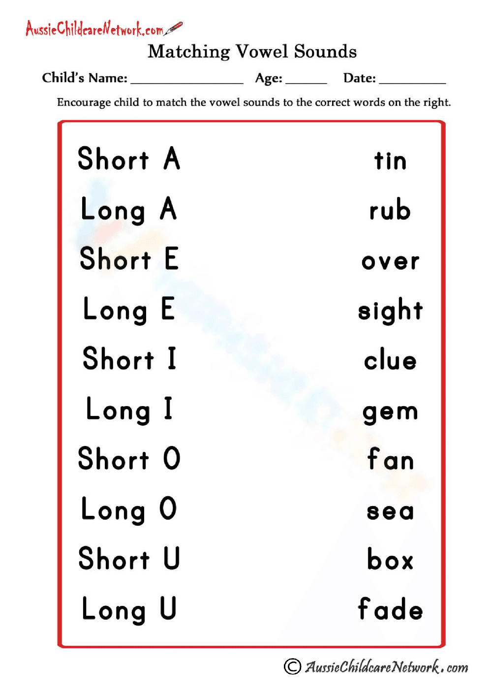 Long and Short Vowels Sorting Practice - Page 1