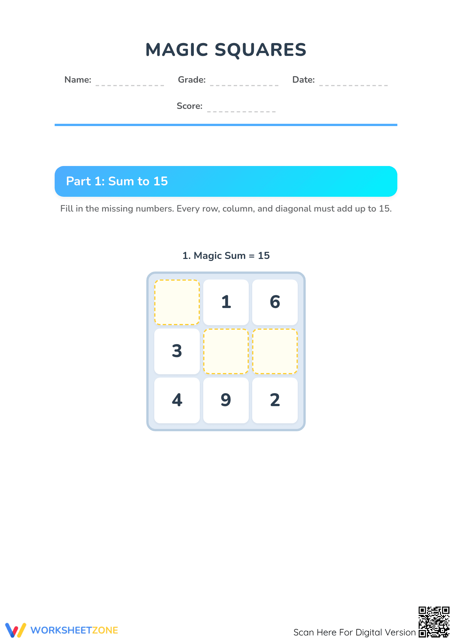 Printable 1st Grade Magic Square Worksheets | Addition Logic - Page 1