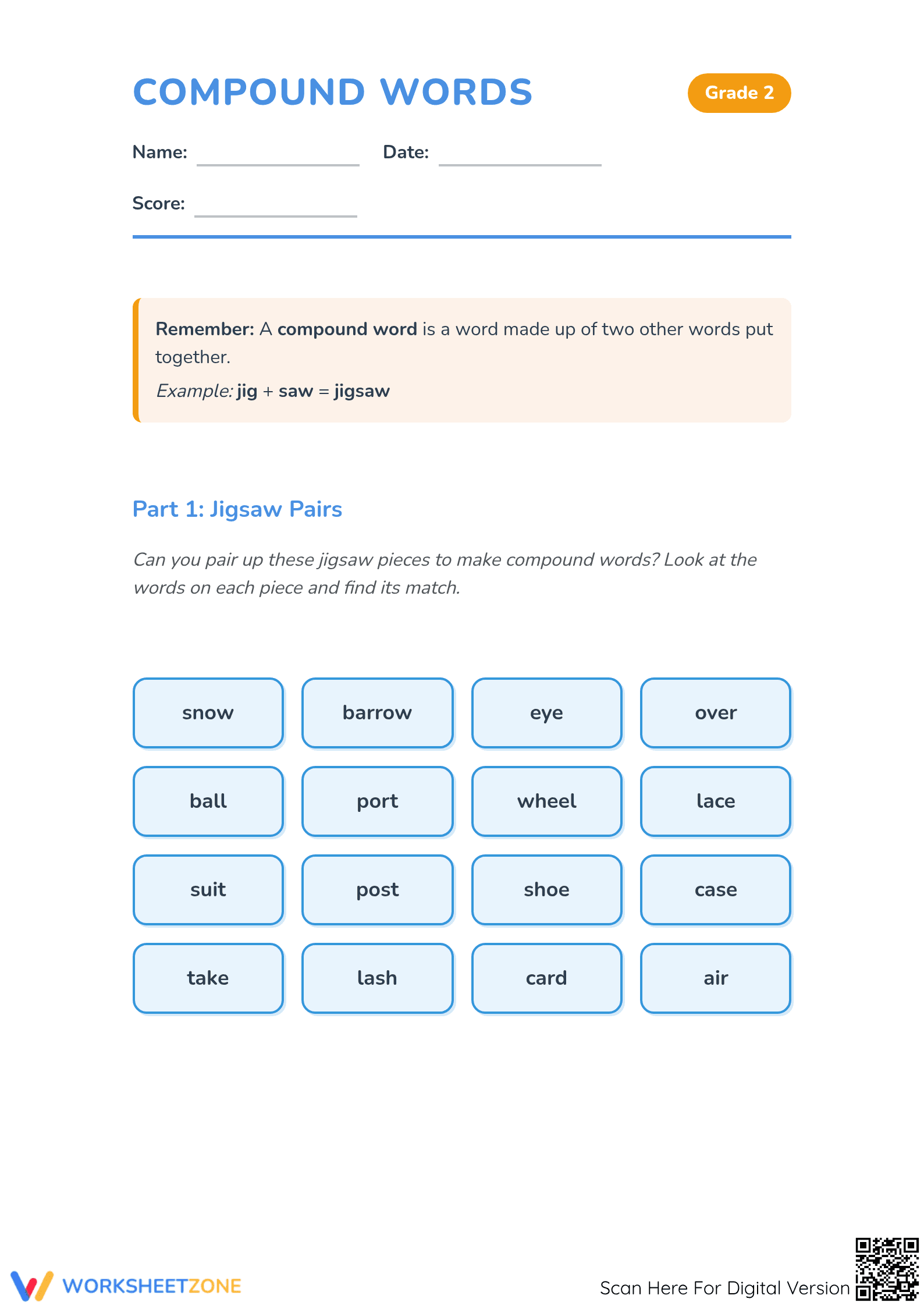Printable Compound Words Worksheet | Grade 2 ELA - Page 1