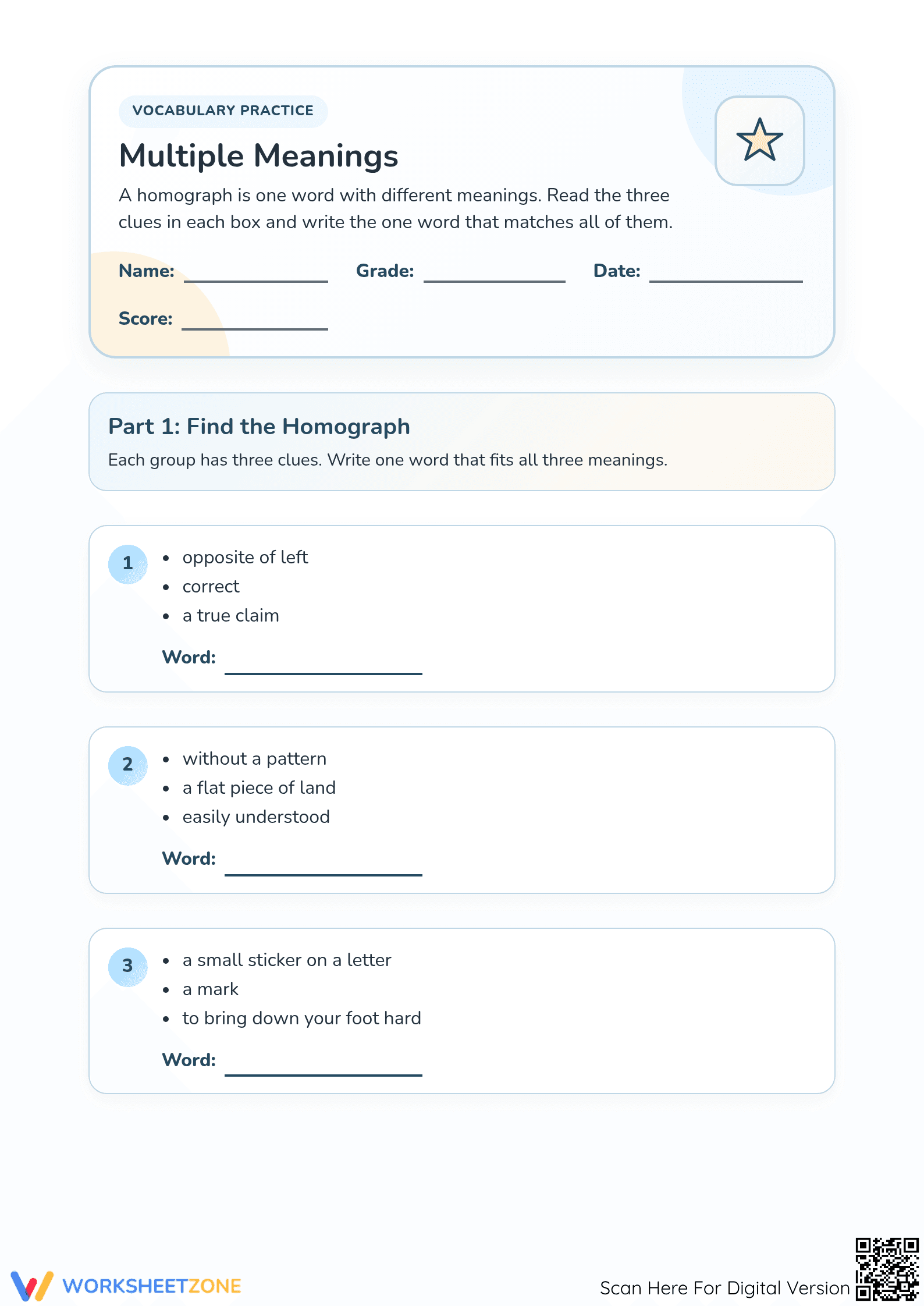 Multiple Meanings Homograph Worksheet | Grade 2 Essential - Page 1