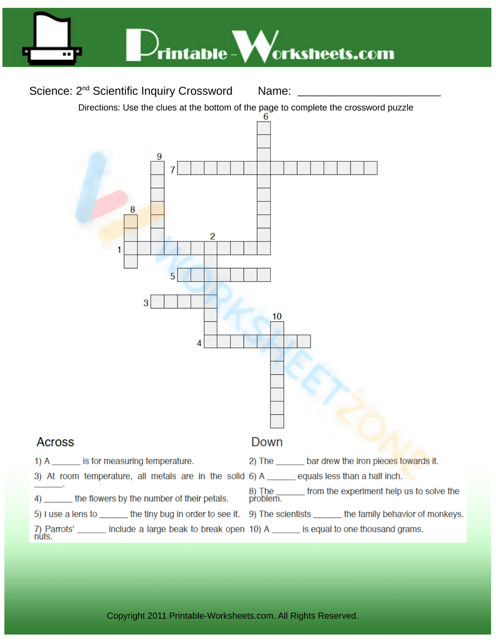 Grade 2 Scientific Inquiry Crossword | Printable Science - Page 1