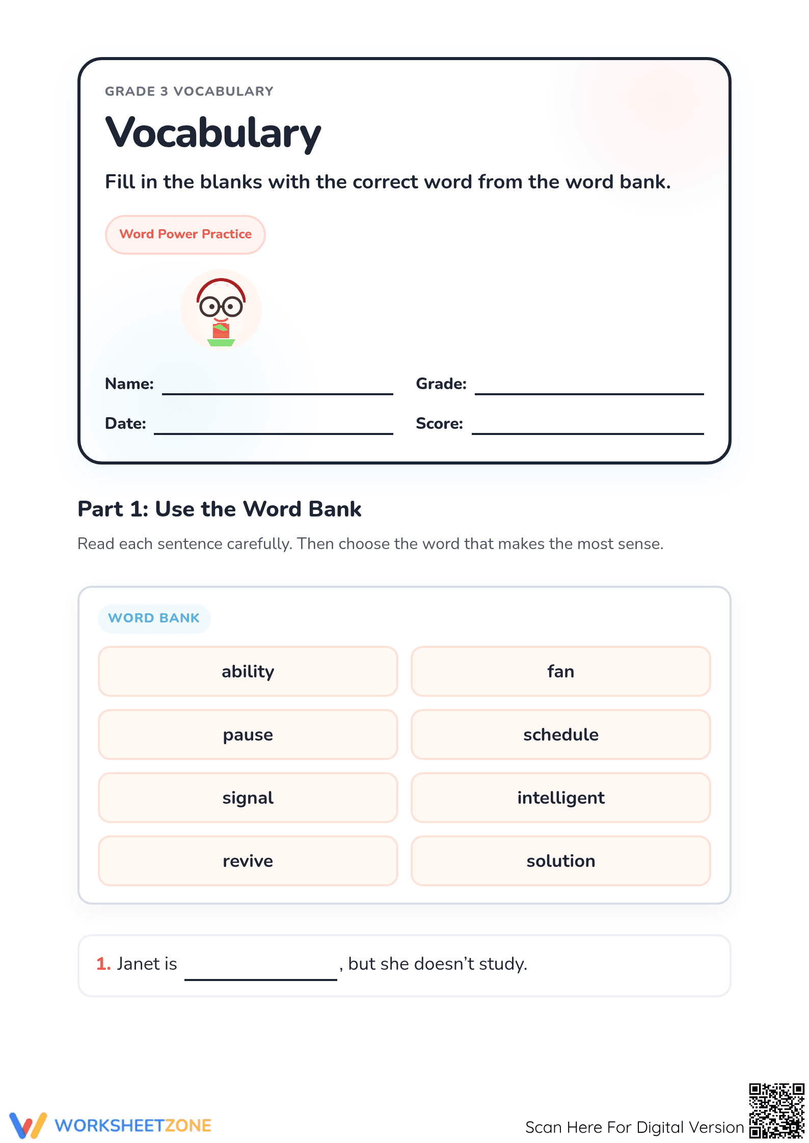 Grade 3 Vocabulary — Printable No-Prep Worksheet - Page 1