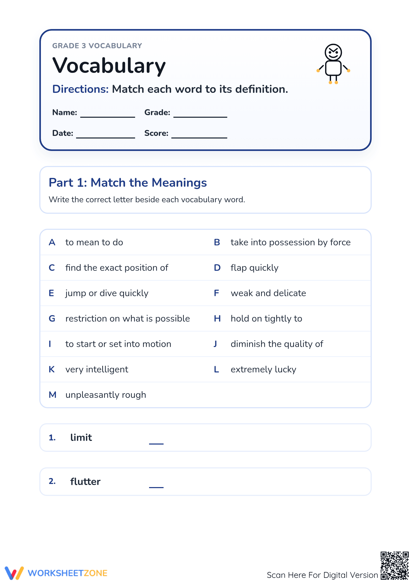 Grade 3 Vocabulary Mastery — Printable No-Prep Worksheet - Page 1