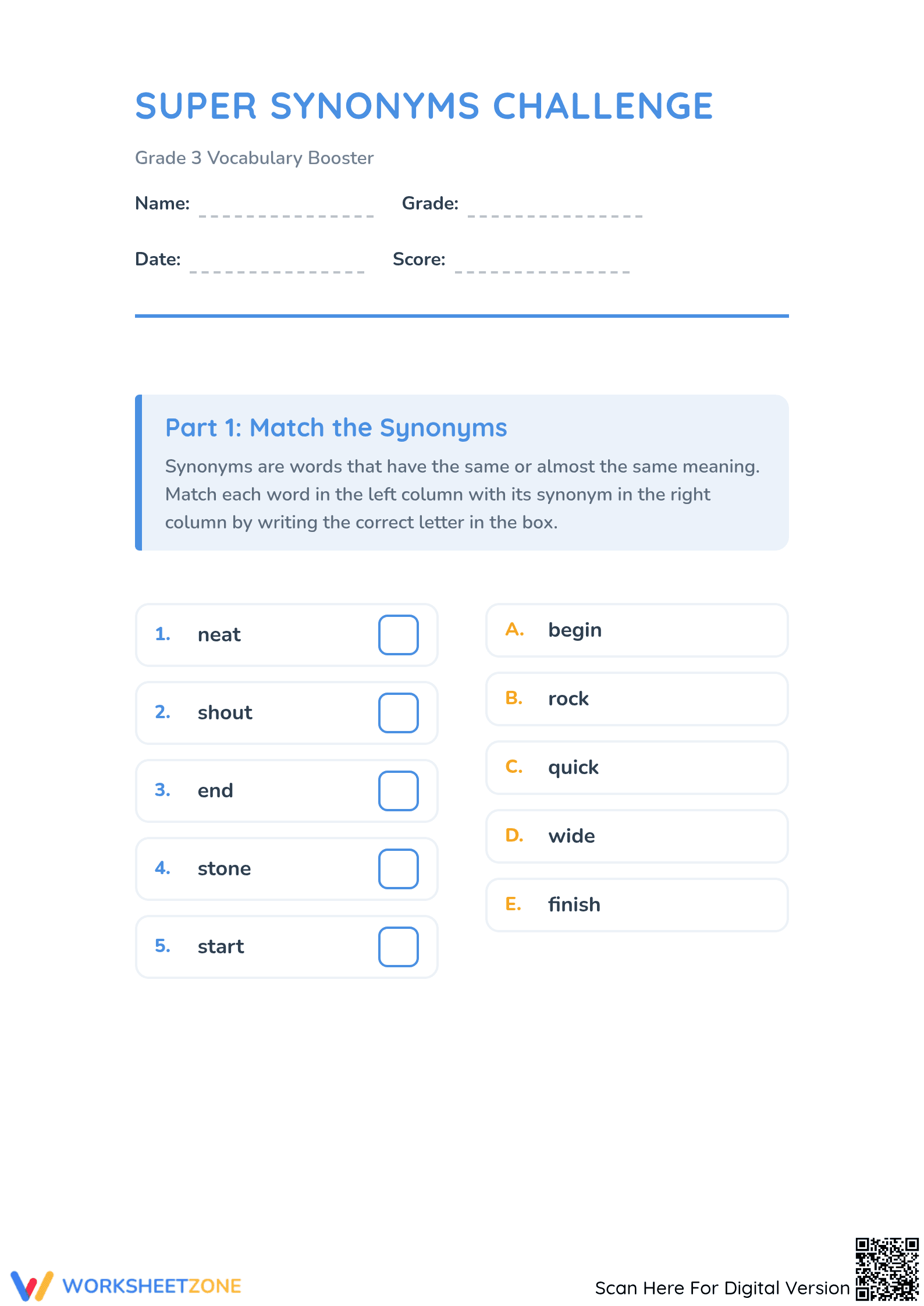 Printable Synonym Challenge Worksheet | Grade 3 ELA - Page 1