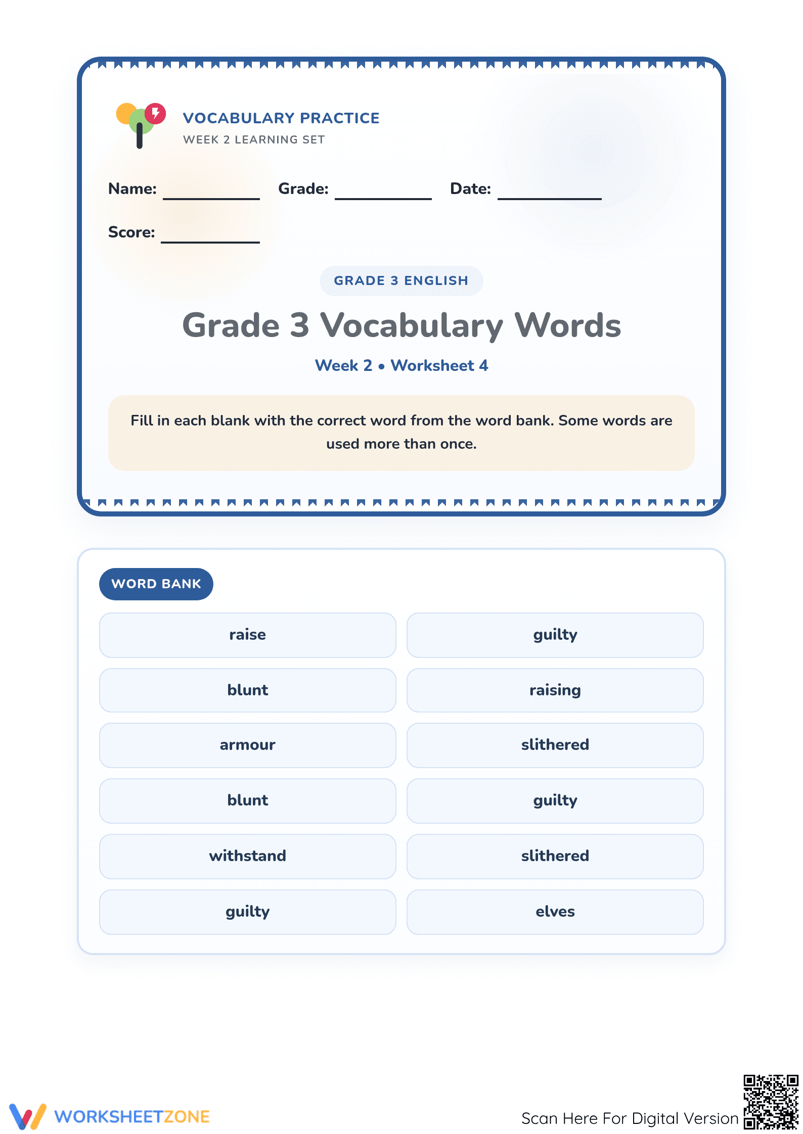 Grade 3 Vocabulary Practice | Essential Printable Worksheet - Page 1