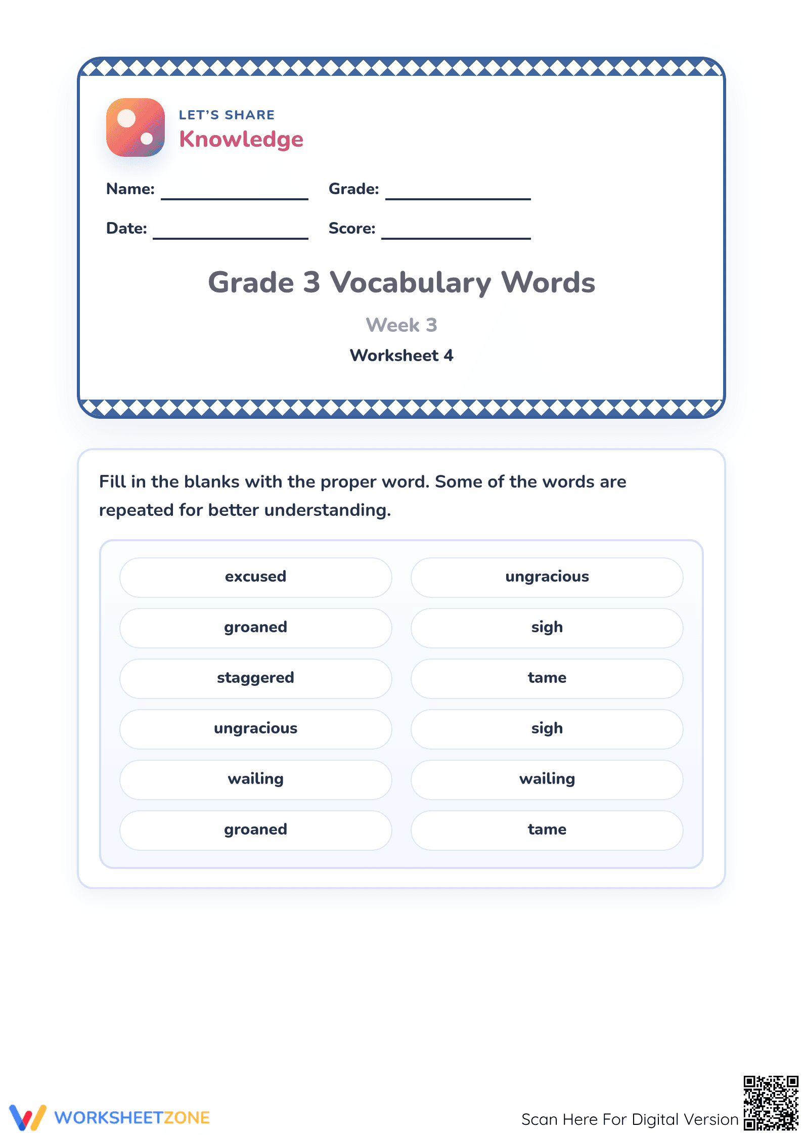 Grade 3 Vocabulary Worksheet | Essential Printable Practice - Page 1