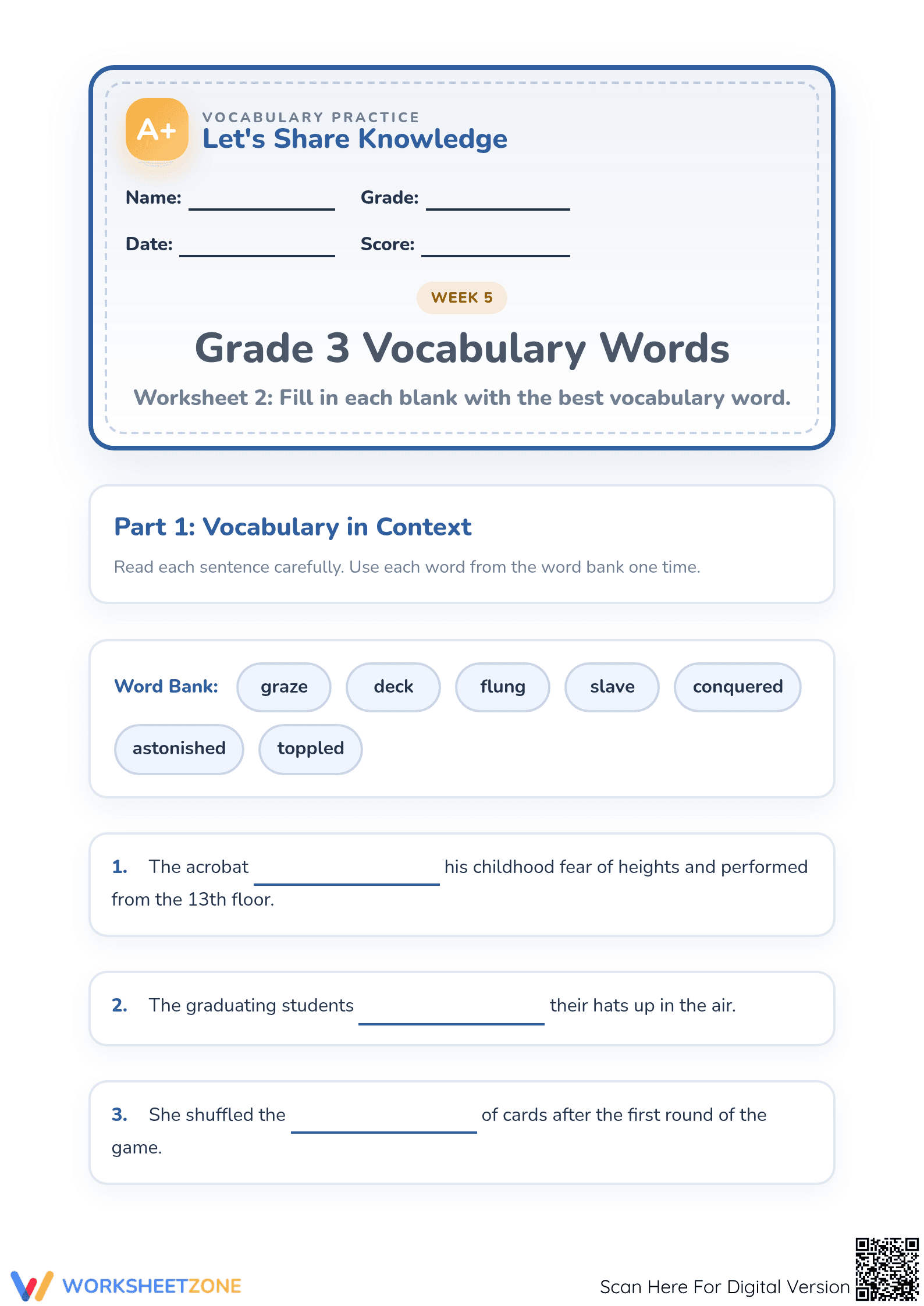 Essential Grade 3 Vocabulary Worksheet | Printable Practice - Page 1
