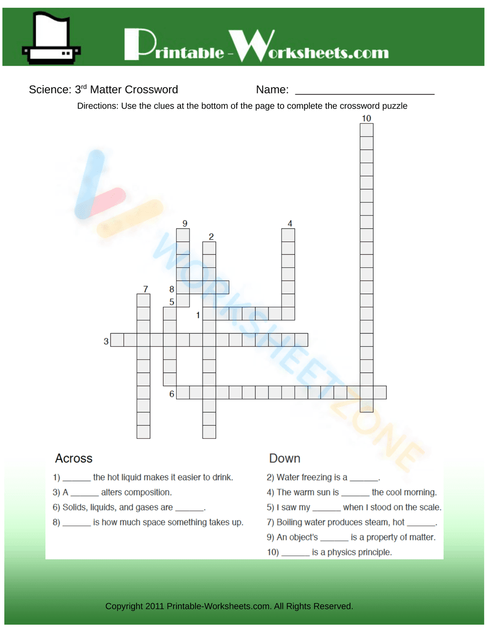 Grade 3 Matter Crossword — Printable No-Prep Worksheet - Page 1