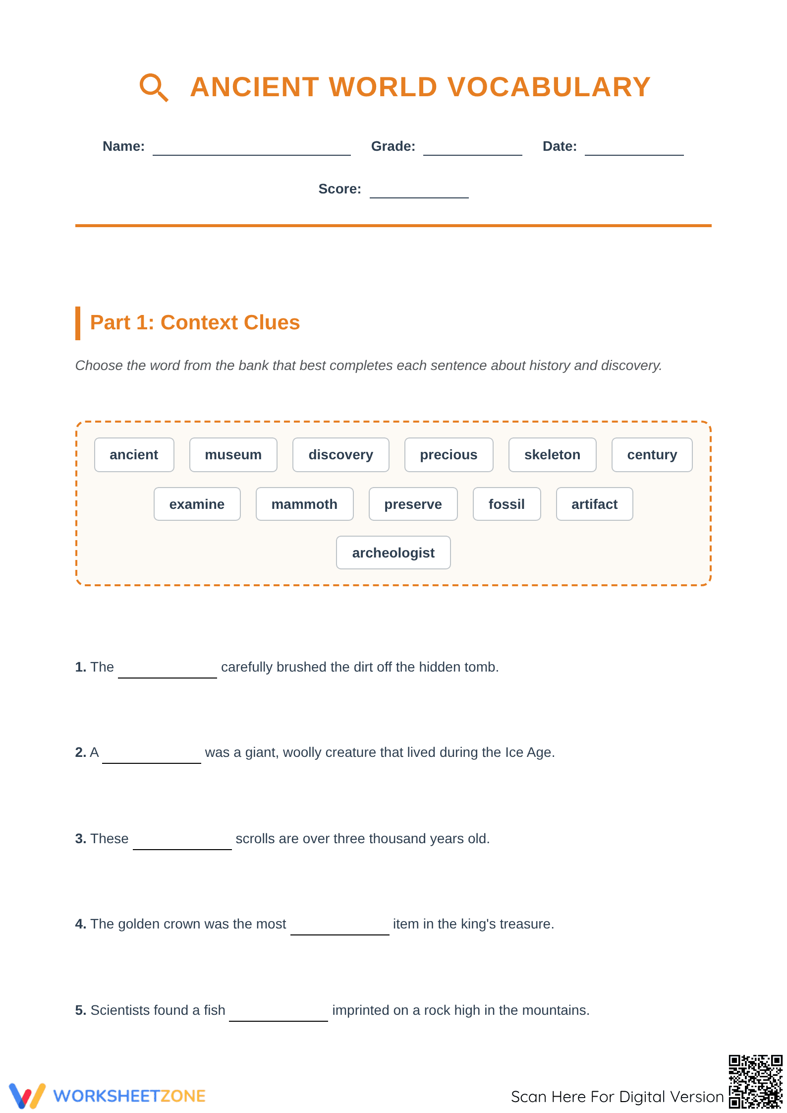 Grade 4 Ancient World Vocabulary — Printable Worksheet - Page 1