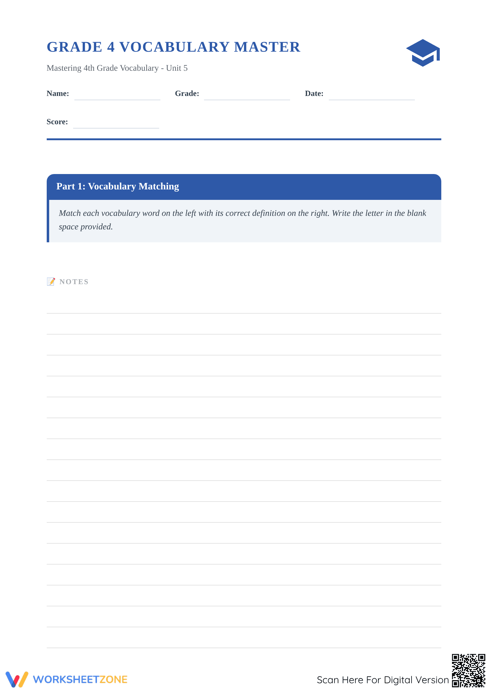 Essential Grade 4 Vocabulary Worksheet | Printable Unit - Page 1