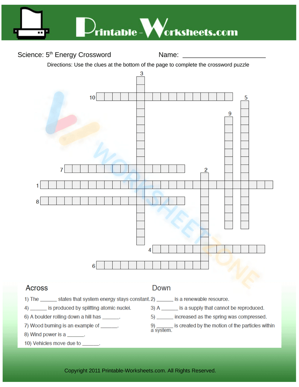5th Grade Energy Science Crossword | Printable Guide - Page 1