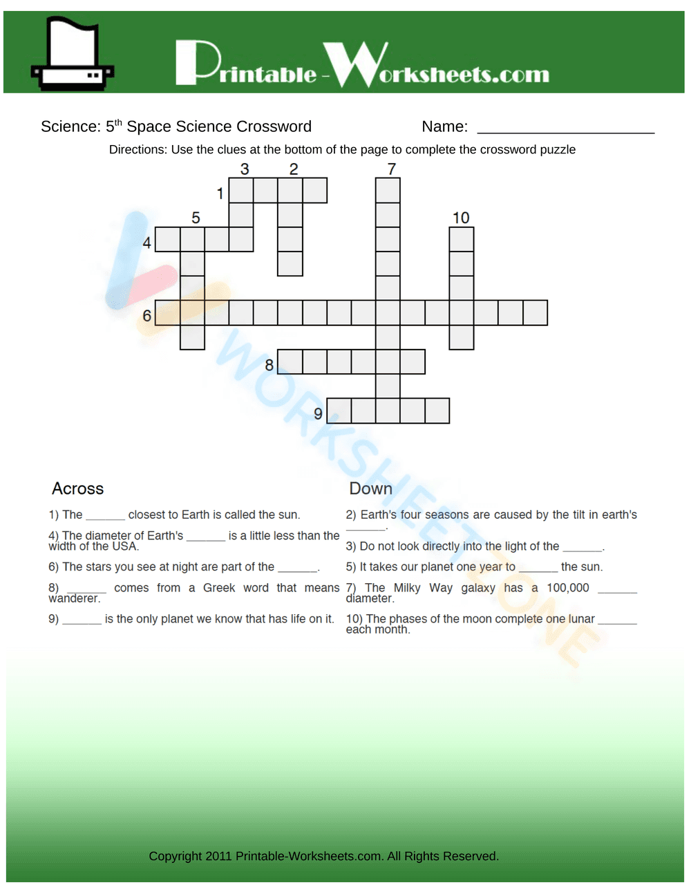 Grade 5 Space Science — Printable No-Prep Worksheet - Page 1