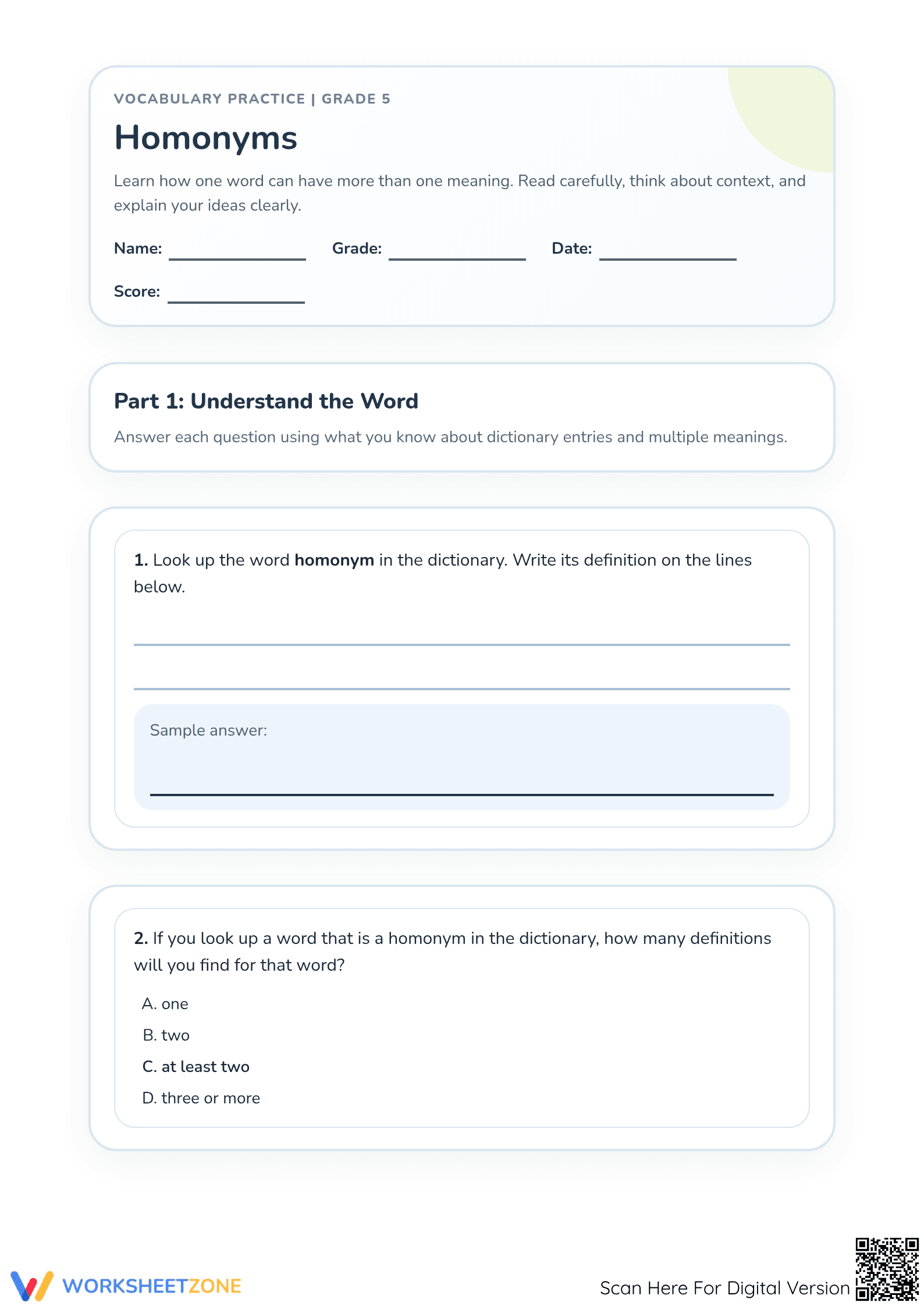 Essential Homonyms Worksheet | Grade 5 Vocabulary - Page 1