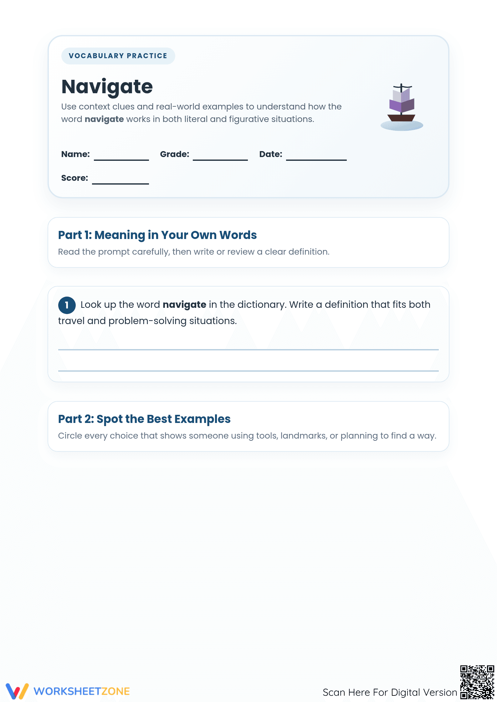 Navigate Vocabulary Worksheet | Essential Grade 5 ELA - Page 1