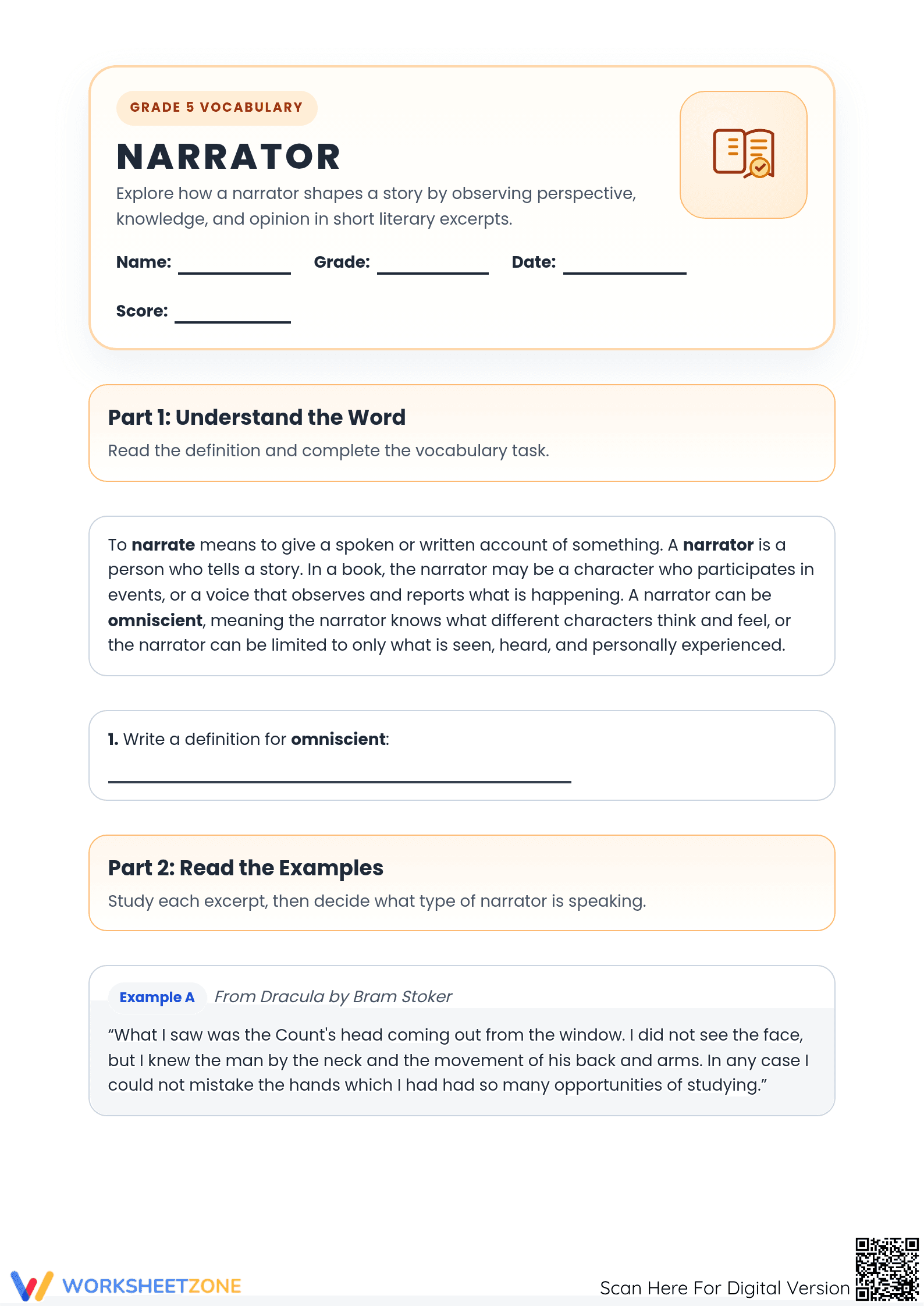 Narrator Point of View Worksheet | Grade 5 Essential - Page 1