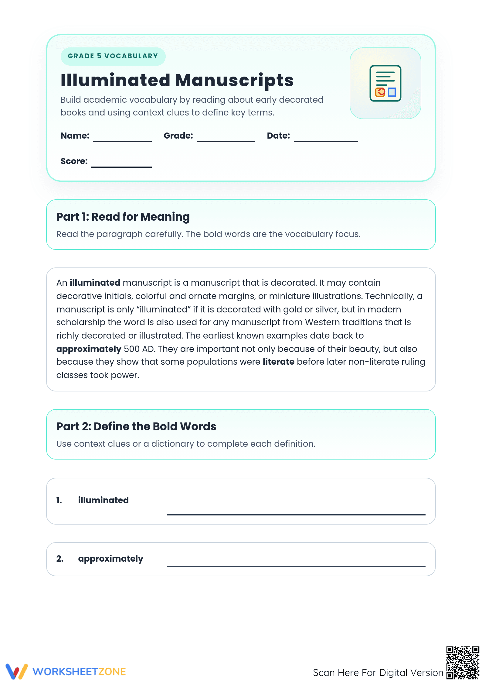 Academic Vocabulary Worksheet | Grade 5 Essential Practice - Page 1