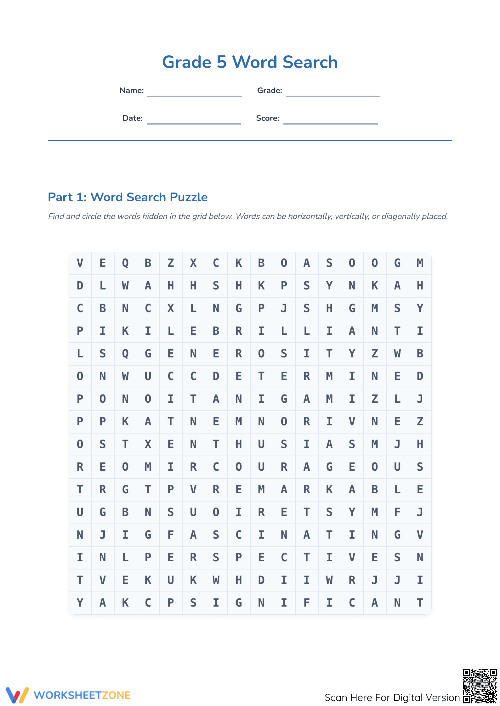 Printable Grade 5 Vocabulary Word Search Worksheet - Page 1