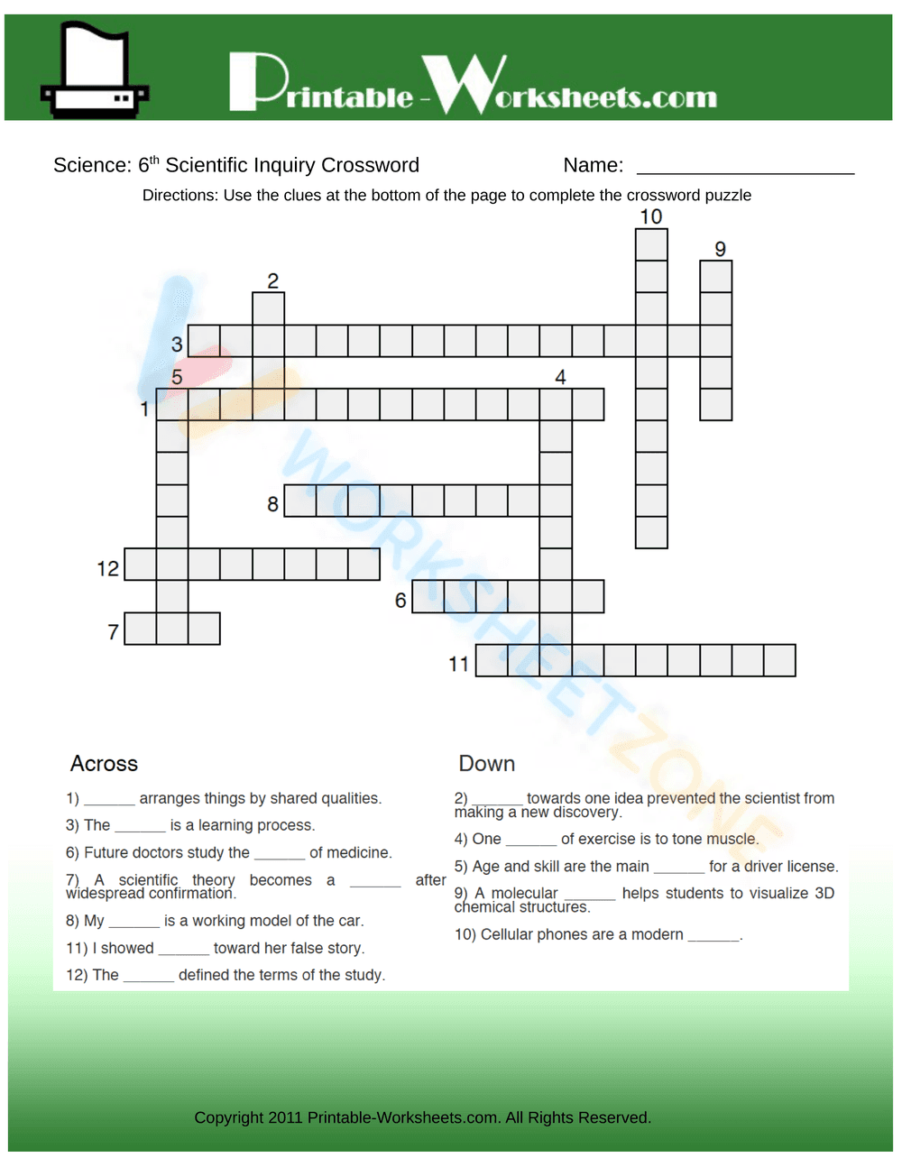 6th Grade Science Scientific Inquiry Crossword - Page 1