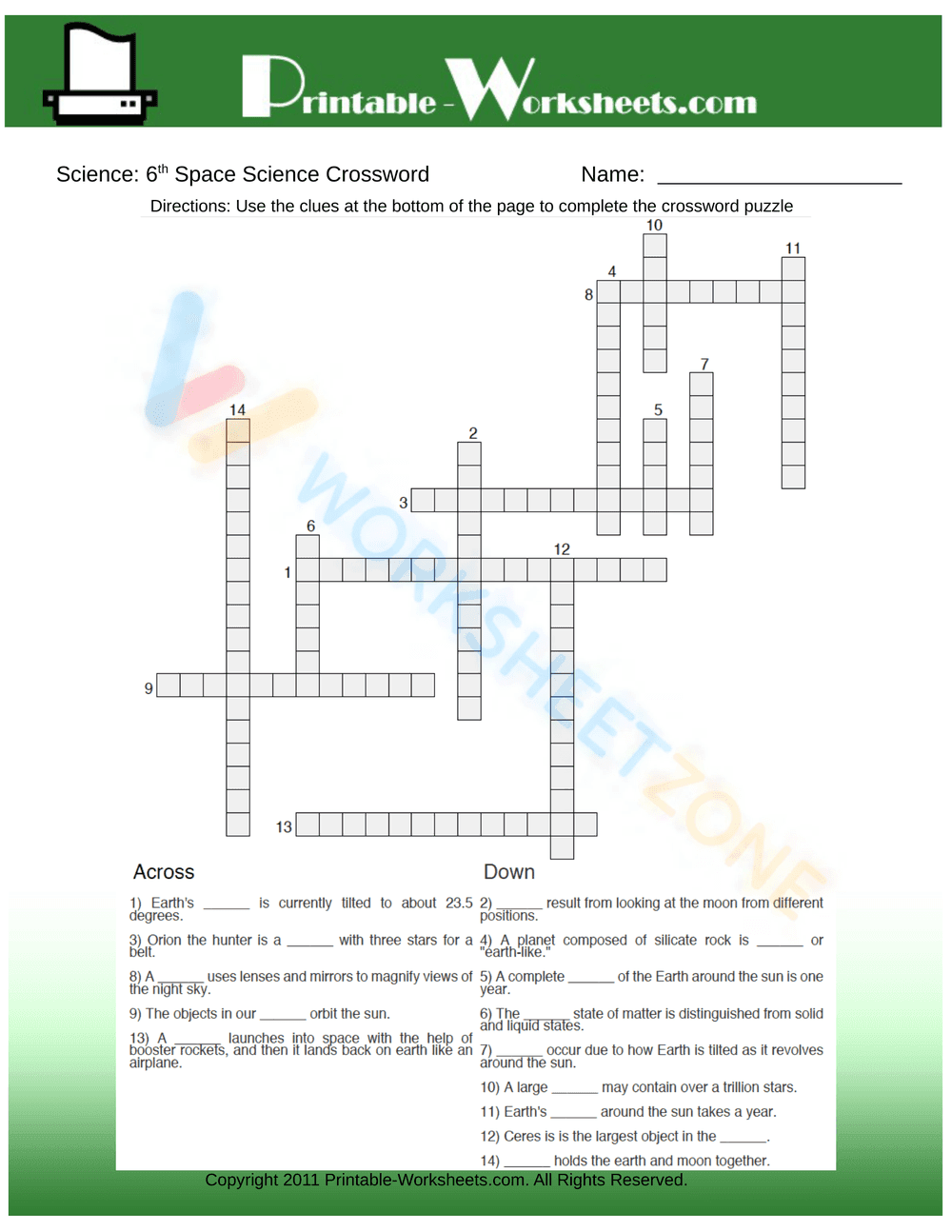 Grade 6 Space Science Crossword — Printable Worksheet - Page 1