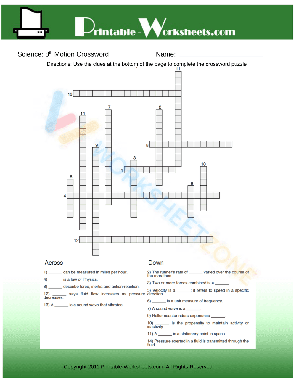 Grade 8 Science Motion — Printable No-Prep Worksheet - Page 1