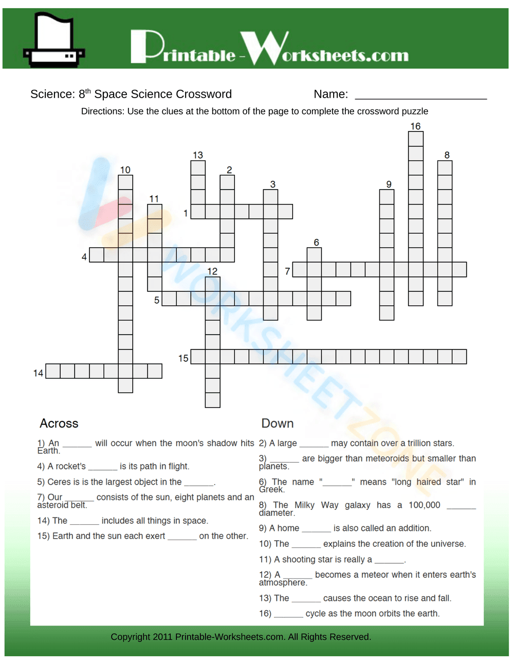 Printable Space Science Crossword | Grade 8 - Page 1