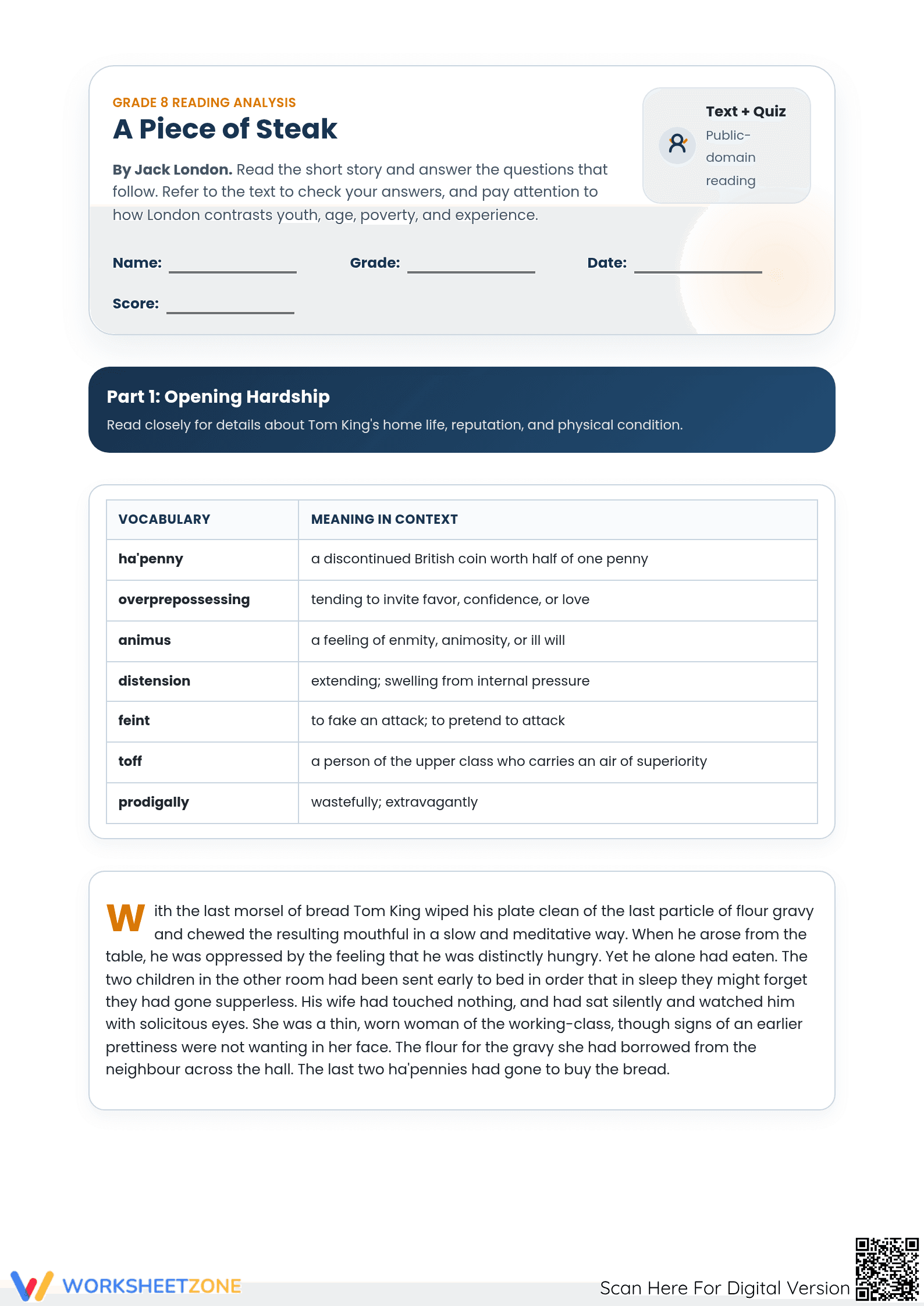 Grade 8 A Piece of Steak — Printable No-Prep Worksheet - Page 1