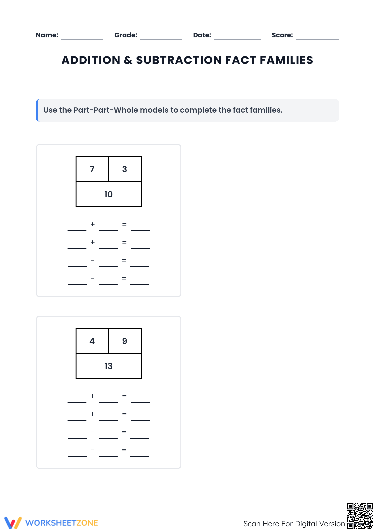 Essential Fact Families Worksheet | Grades 6-9 Math - Page 1