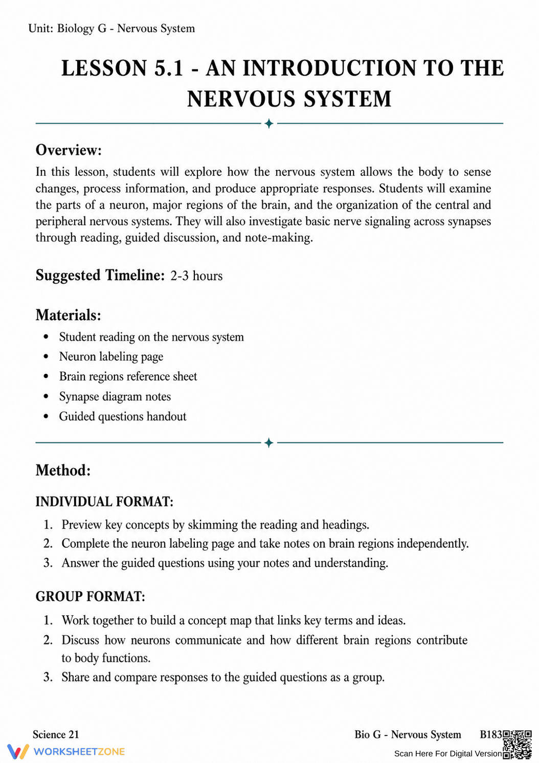 Complete Nervous System Worksheet | Grade 8 Science - Page 1